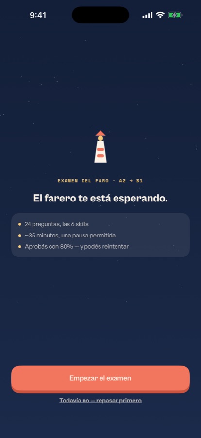 The lighthouse exam screen, with the lit lighthouse over a starry sky.