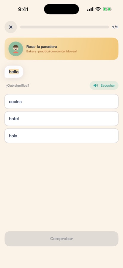 A lesson from Rosa the baker: the word hello and three options to choose from.