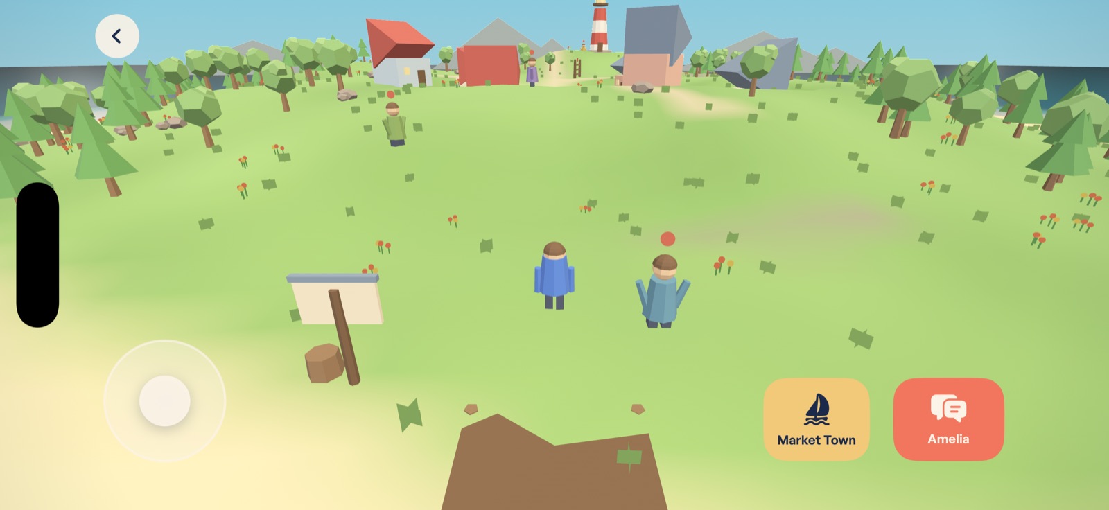 Harbor Village in 3D: grass, red-roofed houses and a lighthouse in the distance, with the joystick on the left and the button to talk to Amelia on the right.